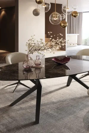 Table de salle à mangerEdge Ovale Céramique Emperador Extra Lucidato Brun foncé 280x130 Zenthara angulaire Métal Noir Haute Qualité