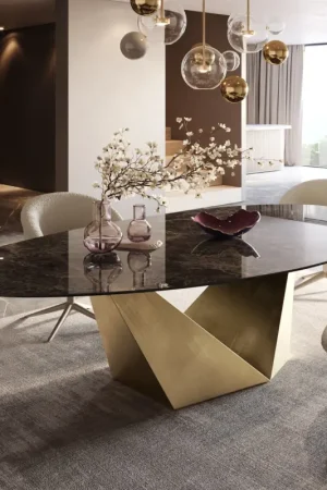 Table de salle à mangerEdge Ovale Céramique Emperador Extra Lucidato Brun foncé 280x130 Prisma Métallique Or Offre Limitée