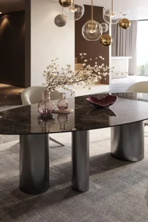 Table de salle à mangerEdge Ovale Céramique Emperador Extra Lucidato Brun foncé 280x130 Troa Acier inoxydable Graphite Offre Exclusive