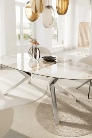 Table à mangerEdge Ovale 220x120 Céramique Minas Melange Blanc-Beige Zenthara anguleux Acier inoxydable Commande En Gros