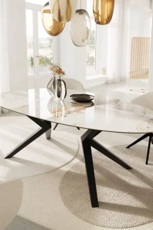Table à mangerEdge Ovale 220x120 Céramique Minas Melange Blanc-Beige Zenthara anguleux Métal Noir Commande En Gros