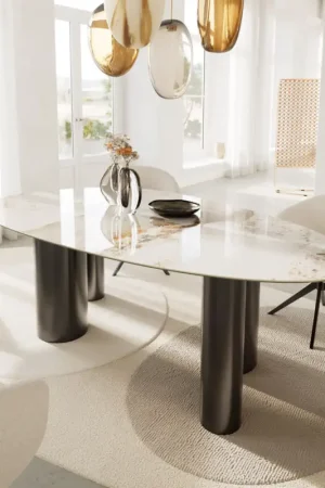 Table à mangerEdge Ovale 220x120 Céramique Minas Melange Blanc-Beige Pilier Acier inoxydable Graphite Paiement Sécurisé