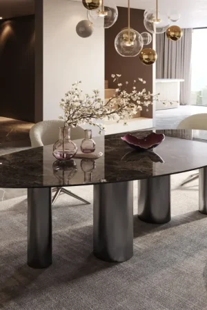 Table de salle à mangerEdge Ovale Céramique Emperador Extra Lucidato Brun foncé 280x130 Pilier Acier inoxydable Graphite Petit Prix