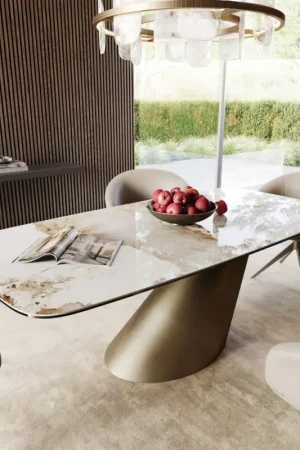 Nouveauté Table à mangerEdge Boot 200x100 céramique Minas mélange blanc-beige Cono métallique doré