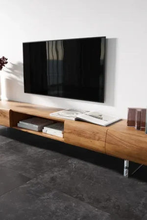 Satisfait Ou Remboursé Meuble-TVNew Live-Edge 240 cm acacia naturel 4 portes 1 compartiment pied acrylique