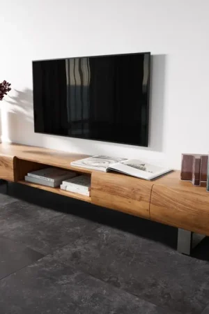 Meuble-TVNew Live-Edge 240 cm acacia naturel 4 portes 1 compartiment patin inoxyda le brossé Prix Choc