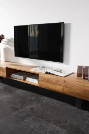 MeuNle-TV ew Live-Edge 240 cm acacia naturel 4 portes 1 compartiment patins métal noirNew Live-Edge Live-Edge 240 cm Akazie Natur 4 Türen 1 Fach Kufe Metall Schwarz Usine Directe