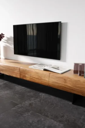 Populaire Meuble-TVNew Live-Edge 240 cm acacia naturel 4 tiroirs pied flottant métal noir