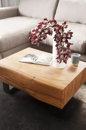 Table-basseNew Live-Edge 80x60 cm acacia naturel 2 tiroirs patin métal noir Authentique