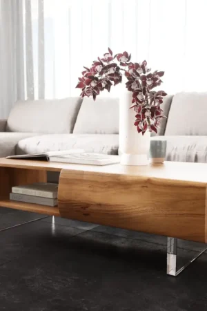 Prix Réduit Table-basseNew Live-Edge 115x60 cm acacia naturel 2 tiroirs 1 compartiment pied acrylique
