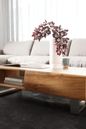 Table-basseNew Live-Edge 115x60 cm acacia naturel 2 tiroirs 1 compartiment patin inoxydable brossé Nouvelle Collection