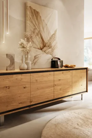 BuffetStonegrace 200 cm chêne naturel 4 portes pied carré inoxydable brossé Meilleur Prix