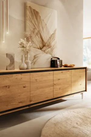 Nouvel Arrivage BuffetStonegrace 200 cm chêne naturel 4 portes pied ovale inoxydable brossé