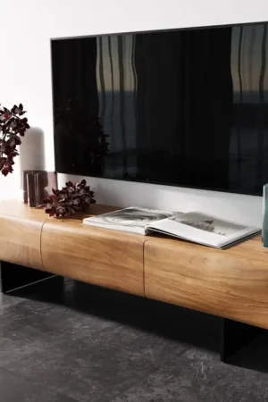 Offre Exclusive Meuble - TVNew Live-Edge 145 cm acacia naturel 3 portes pied flottant métal noir
