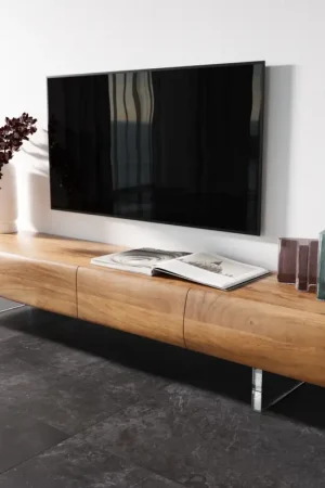 Meuble TVNew Live-Edge 200 cm acacia naturel 4 portes pied acrylique Prix Bas