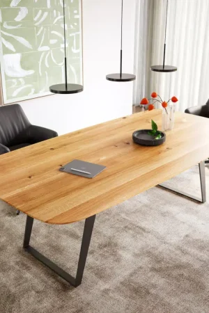 Table à mangerEdge Boot 240x120x2,5-3 chêne naturee métal incliné noir bord suisse Petit Prix