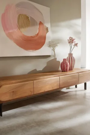 Meuble-TVSohara 175 cm acacia naturel 4 portes pied en L noir Bon Marché