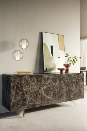 BuffetCuor 180 cm Céramique Emperador Extra Lucidato brun foncé 2 Portes 3 Tiroirs Pied optique flottant Verre acrylique Commande En Gros
