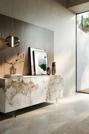 Marque BuffetCuor 180 cm Céramique Minas Melange Blanc-beige 2 Portes 3 Tiroirs Pied optique flottant Verre acrylique