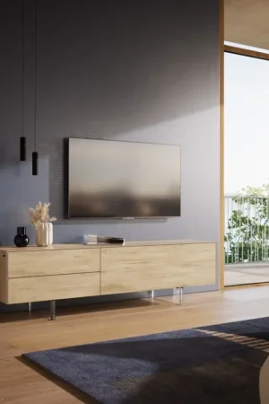 Must-Have Meuble-TVCuor 180 cm Céramique Laminam® Sabbia Teinte chêne 1 Clapet 2 Tiroirs Pied optique flottant Verre acrylique
