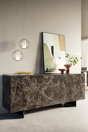 BuffetCuor 180 cm Céramique Emperador Extra Lucidato brun foncé 2 Portes 3 Tiroirs Pied optique flottant Métal Noir Pas Cher