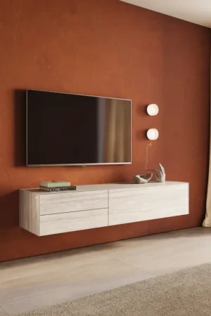 Jusqu'à Épuisement Des Stocks Meuble-TVCuor 180 cm Céramique Laminam® Travertino Bianco Crème-blanc 1 Clapet 2 Tiroirs Flottant