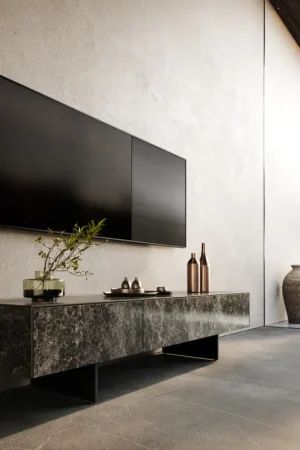 Meuble-TVCuor 150 cm Céramique Emperador Extra Lucidato brun foncé 1 Clapet 1 Tiroir Pied optique flottant Métal Noir Certifié