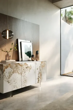BuffetCuor 150 cm Céramique Minas Melange Blanc-beige 3 Portes Pied optique flottant Verre acrylique Nouveauté