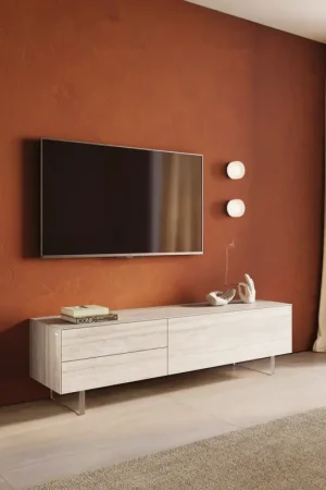 Satisfait Ou Remboursé Meuble-TVCuor 180 cm Céramique Laminam® Travertino Bianco Crème-blanc 1 Clapet 2 Tiroirs Pied optique flottant Verre acrylique