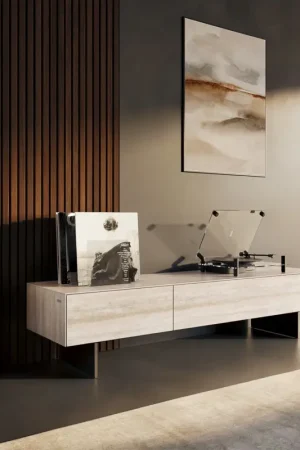 Retour Gratuit Meuble-TVCuor 150 cm Céramique Laminam® Travertino Bianco Crème-blanc 1 Clapet 1 Tiroir Pied optique flottant Métal Noir