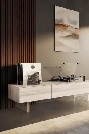 Bon Plan Meuble-TVCuor 150 cm Céramique Laminam® Travertino Bianco Crème-blanc 1 Clapet 1 Tiroir Pied optique flottant Verre acrylique
