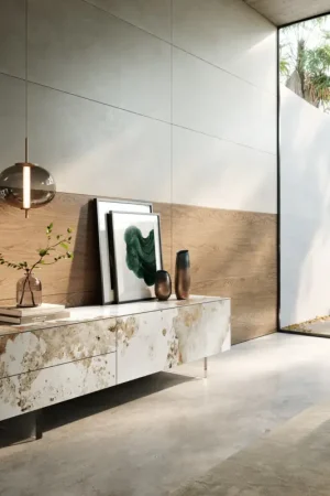 Meuble-TVCuor 180 cm Céramique Minas Melange Blanc-beige 1 Clapet 2 Tiroirs Pied optique flottant Verre acrylique Prix Cassé