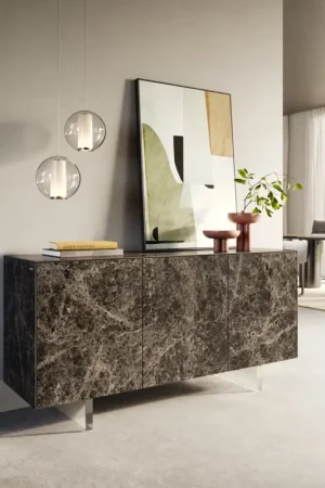 BuffetCuor 150 cm Céramique Emperador Extra Lucidato brun foncé 3 Portes Pied optique flottant Verre acrylique Prix Choc