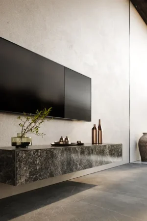 Bon Plan Meuble-TVCuor 150 cm Céramique Emperador Extra Lucidato brun foncé 1 Clapet 1 Tiroir Flottant