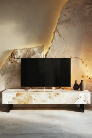 Achat Immédiat Meuble-TVCuor 150 cm Céramique Minas Melange Blanc-beige 1 Clapet 1 Tiroir Pied optique flottant Métal Noir