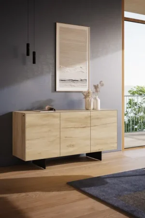 BuffetCuor 150 cm Céramique Laminam® Sabbia Teinte chêne 3 Portes Pied optique flottant Métal Noir Satisfait Ou Remboursé