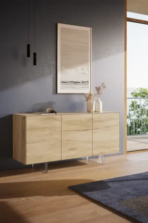 BuffetCuor 150 cm Céramique Laminam® Sabbia Teinte chêne 3 Portes Pied optique flottant Verre acrylique Acheter Direct