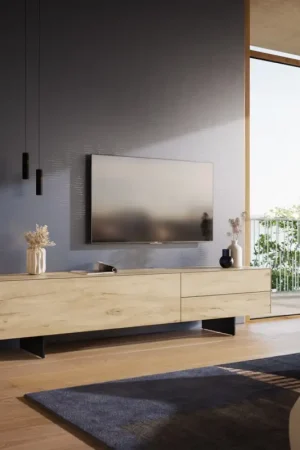 Achetez Aujourd'hui Meuble-TVCuor 220 cm Céramique Laminam® Sabbia Teinte chêne 1 Clapet 2 Tiroirs Pied optique flottant Métal Noir