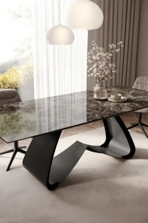 Acheter Direct Table de salle à mangerEdge Céramique Emperador Extra Lucidato Brun foncé 180-220x100 Piètement en W Noir extensible
