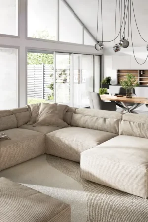 Canapé panoramiqueSirpio 300x210 cm Velours côtelé Beige Recamiere variable avec Tabouret Promotion