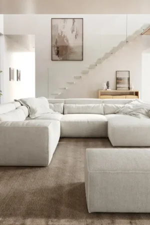 Canapé panoramiqueSirpio 300x210 cm Bouclee Crème-blanc Recamiere variable avec Tabouret Commander Maintenant
