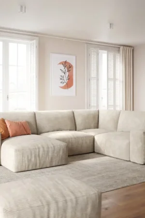 Vente Flash Grand canapé d’angleLanzo 300x210 cm velours côtelé beige méridienne réversible avec pouf