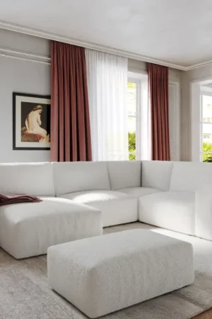 Grand canapé d’angleLanzo 300x210 cm bouclé blanc crème méridienne réversible avec pouf Prix Choc