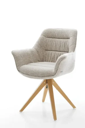 Achat Immédiat Chaise-pivotanteKaira-Flex tissu tissé doux beige pied en bois angulaire naturel pivotement sur 180°