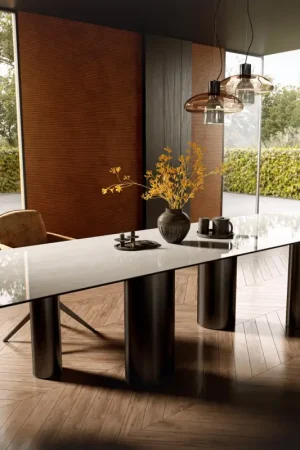Achat Immédiat Table à mangerEdge 300x100 cm céramique Onyx Champagne Pilier inox graphite