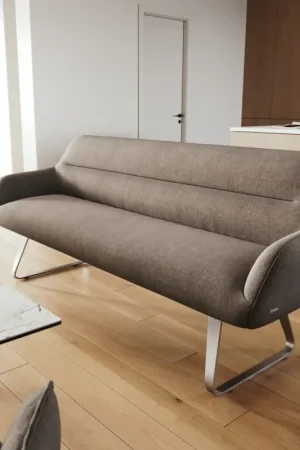 Must-Have Banc-de-salle-à-mangerTaya-Flex 200 cm tissu structuré doux taupe châssis à patins plat acier inoxydable ressort ensaché