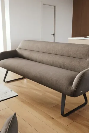 Banc-de-salle-à-mangerTaya-Flex 200 cm tissu structuré doux taupe châssis à patins plat noir ressort ensaché Promotion Saisonnière