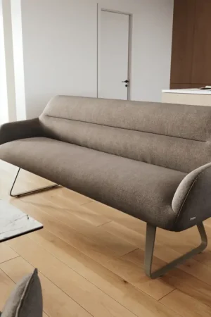 Haute Qualité Banc-de-salle-à-mangerTaya-Flex 200 cm tissu structuré doux taupe châssis à patins plat titane ressort ensaché