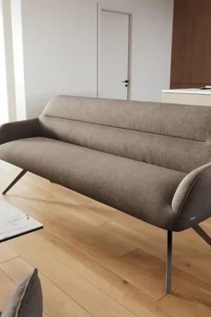 Marque Banc-de-salle-à-mangerTaya-Flex 200 cm tissu structuré doux taupe pied croisé angulaire noir ressort ensaché