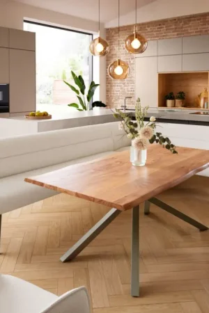 Banc-de-salle-à-mangerTaya-Flex 285x190 cm bouclé crème-blanc pied croisé angulaire titane ressort ensaché liens Petit Prix